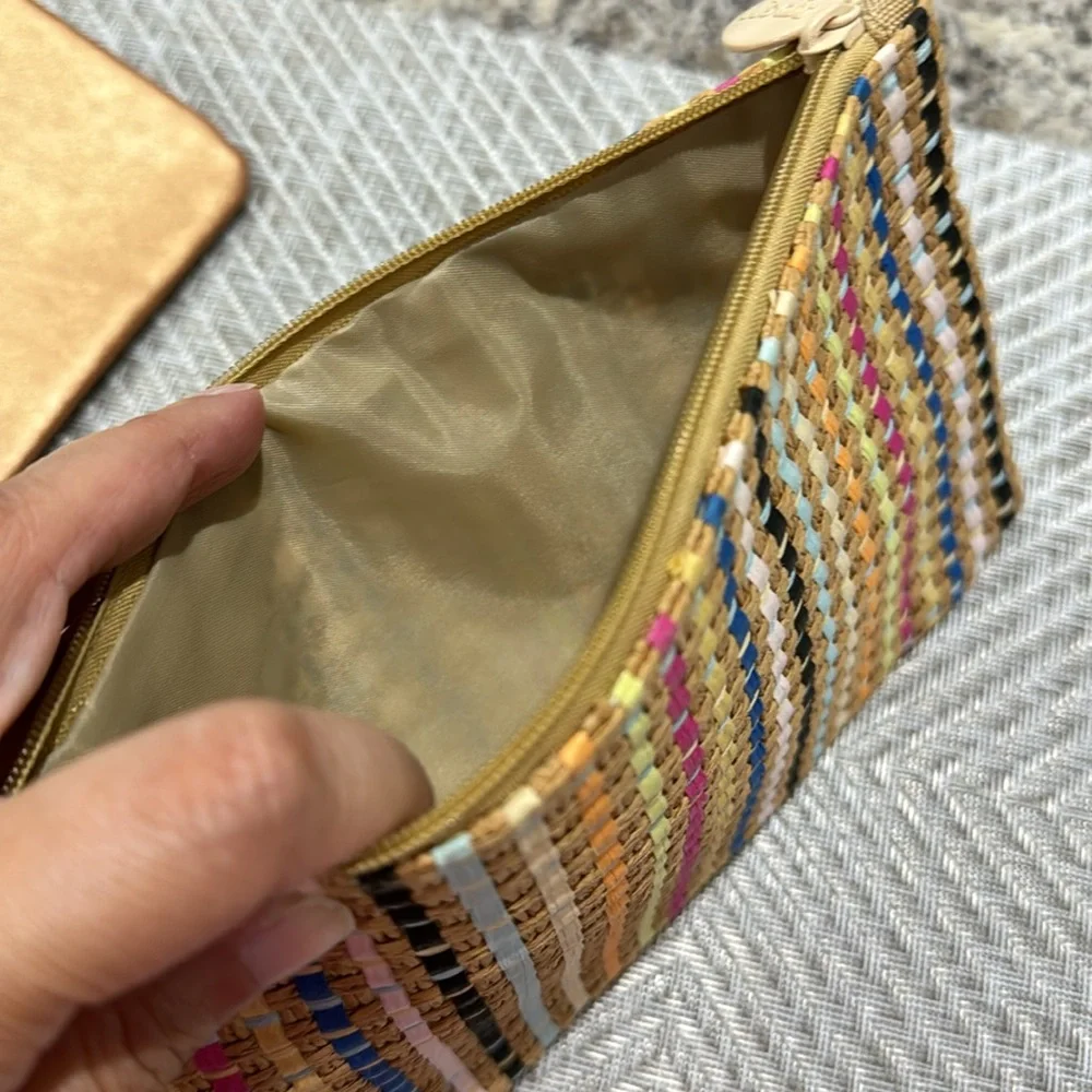 Ipsy Bundle Wristlets Bronze Wicker Summer & Banana Polka Dot Design Clutch